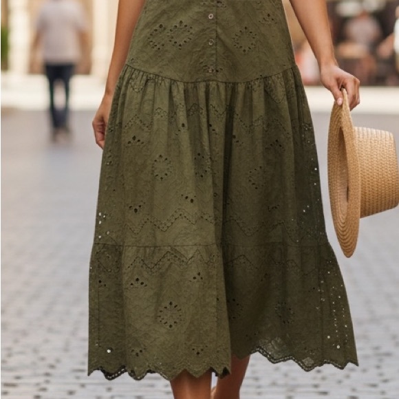 NWT’S HOUSE OF HARLOW 1960  Button Front Cotton Eyelet Dress in Olive Green sz 8 - Picture 3 of 15